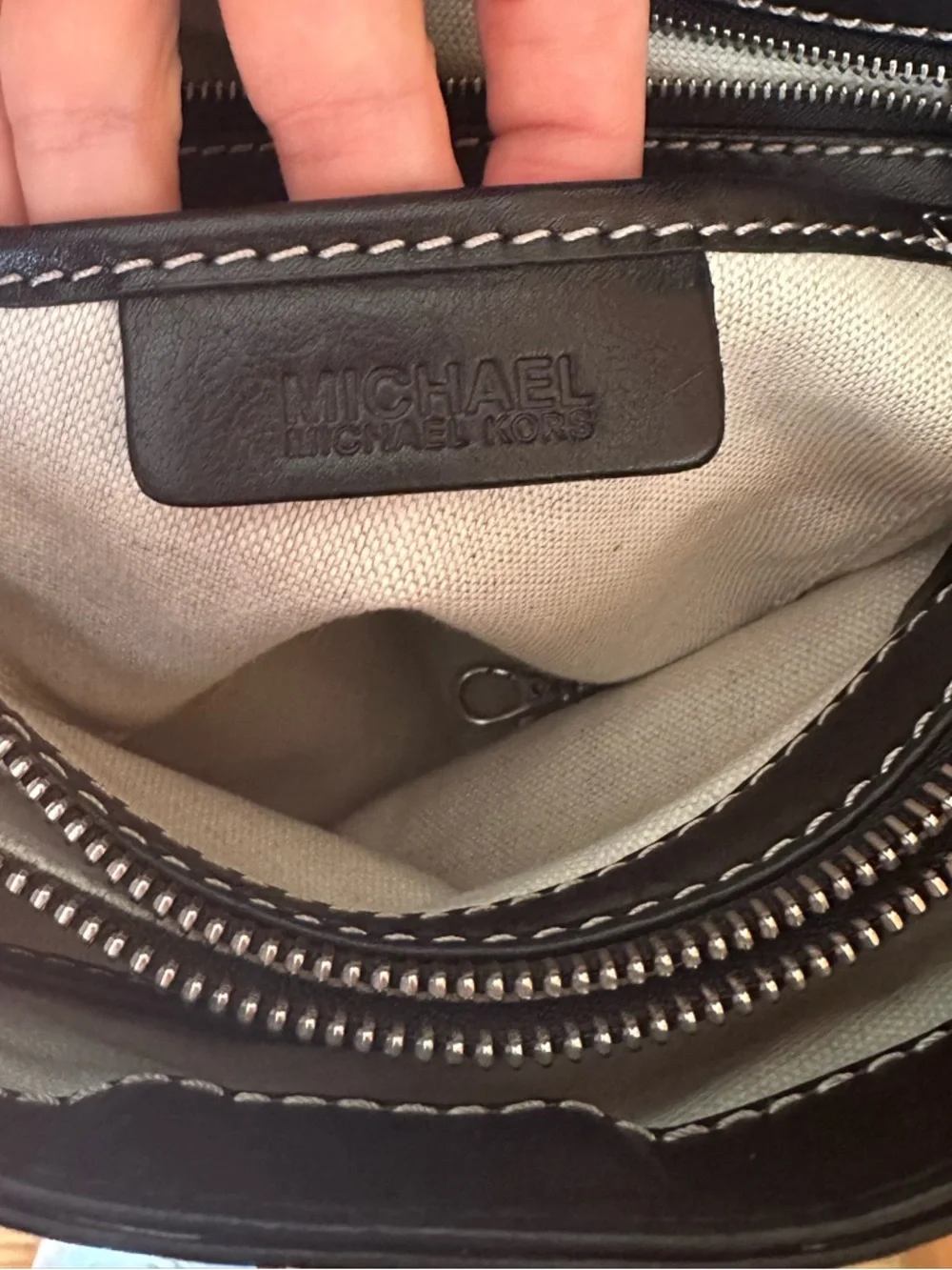 Michael Kors black soft calf leather Hudson satchel with white stitching